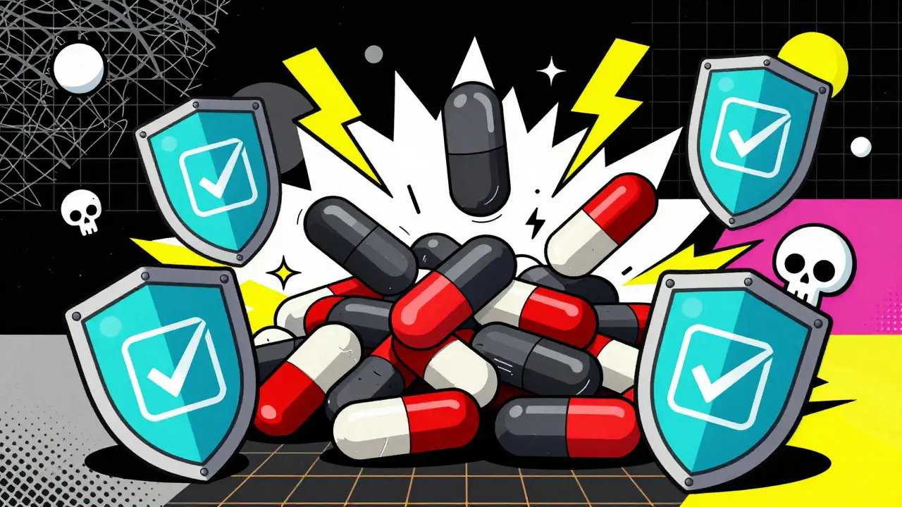 Warning symbols against fake meds in Memphis style