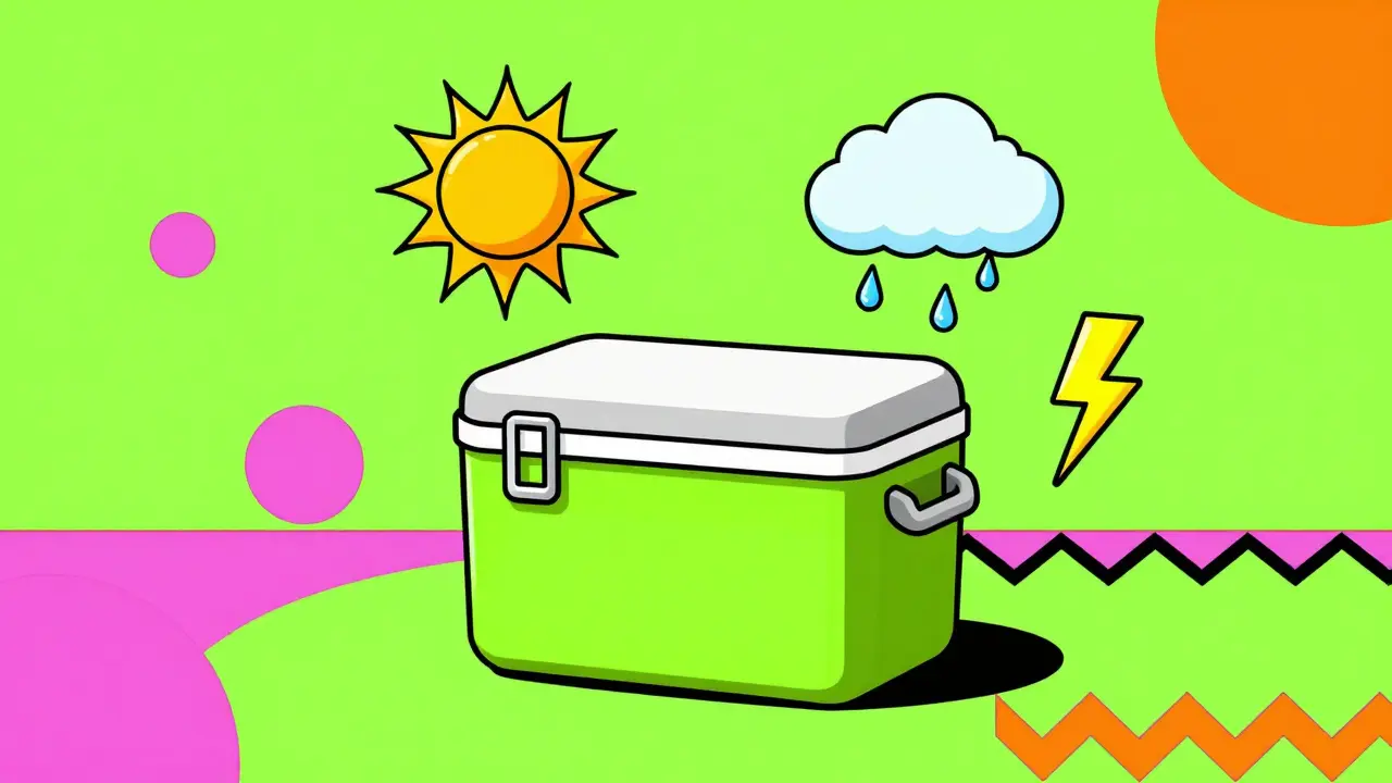 Abstract icons showing heat and humidity risks to medicine