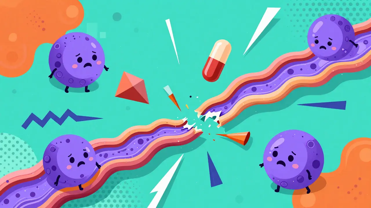 Cartoon cells being attacked by geometric drug shapes damaging collagen fibers.