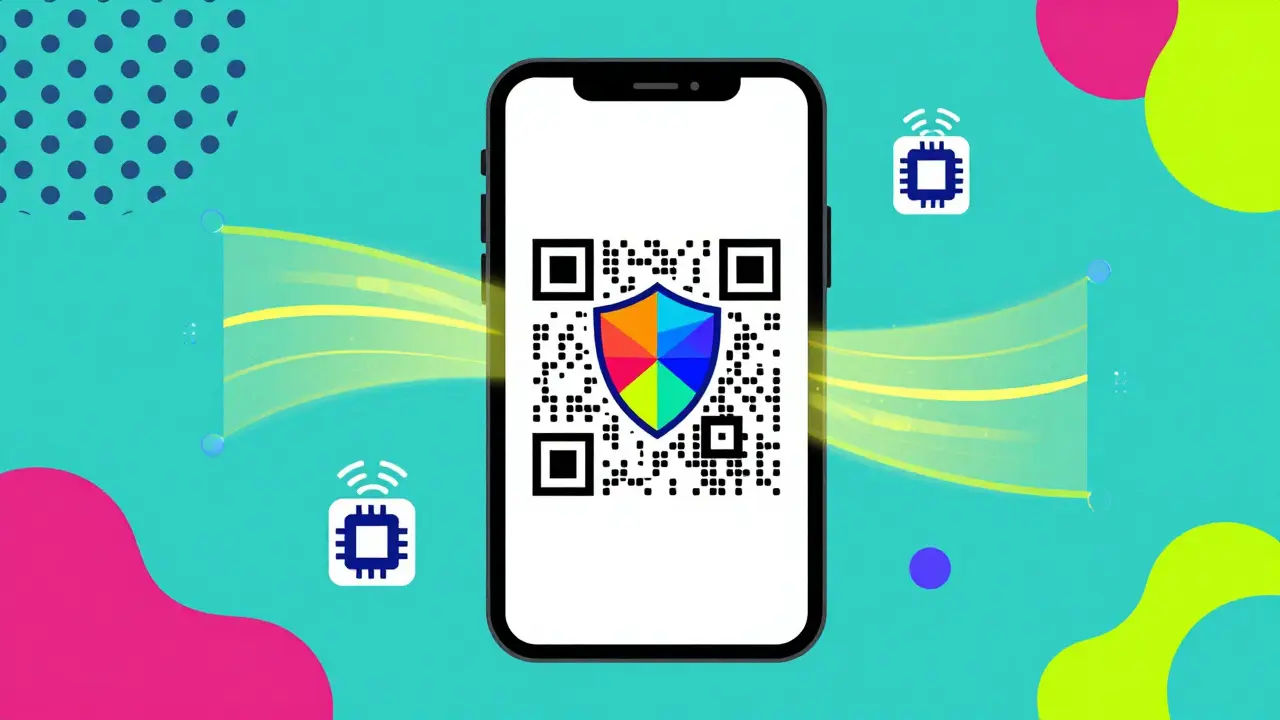 Cartoon illustration of QR code verification for drug safety