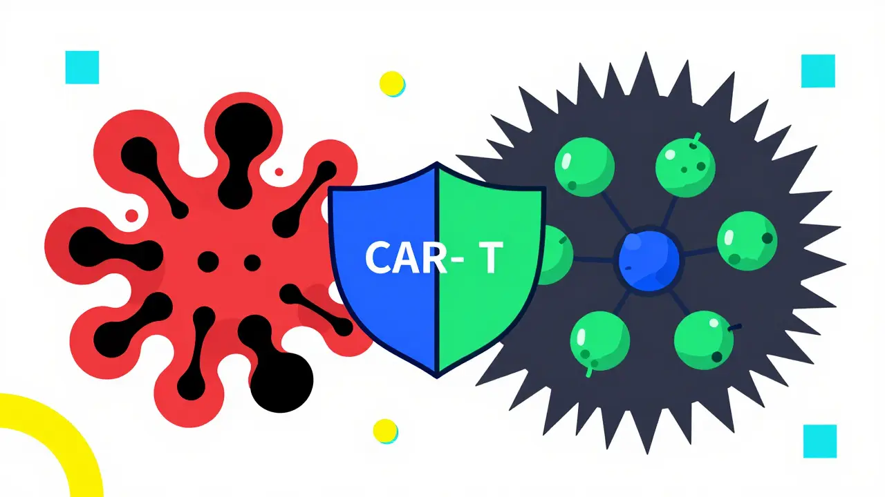 Colorful geometric shapes merging to fight a solid tumor mass