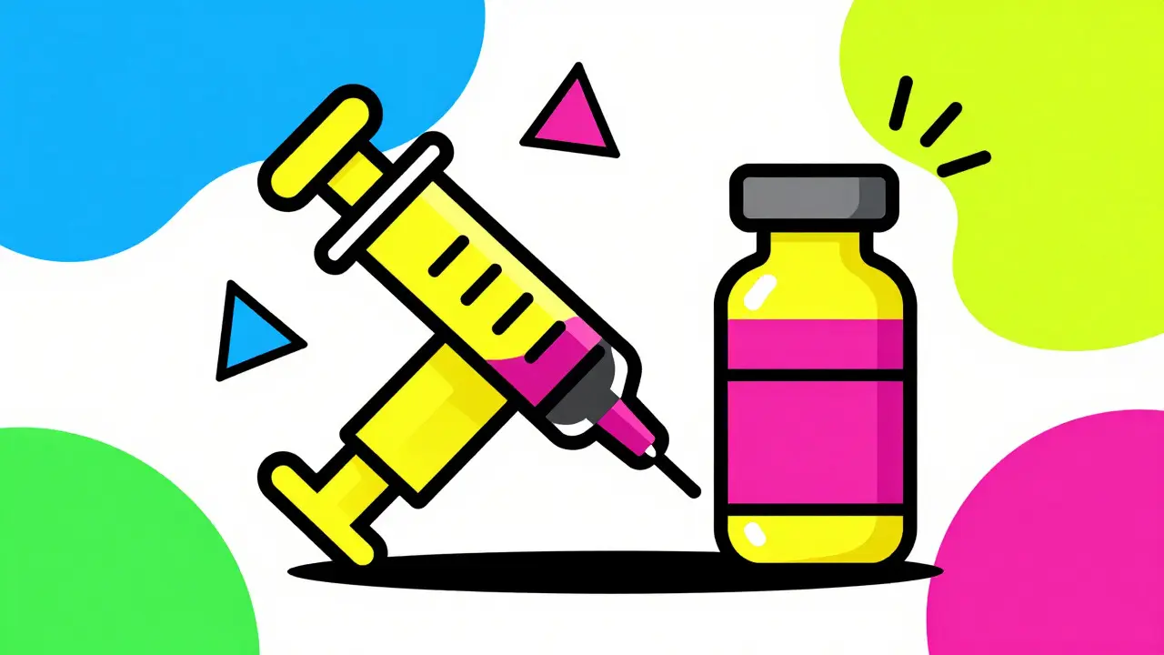 Colorful Memphis design icons of a vaccine syringe and vial