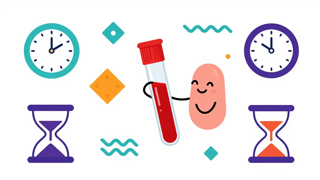 Colorful Memphis illustration of a character holding a blood test tube with geometric time symbols.
