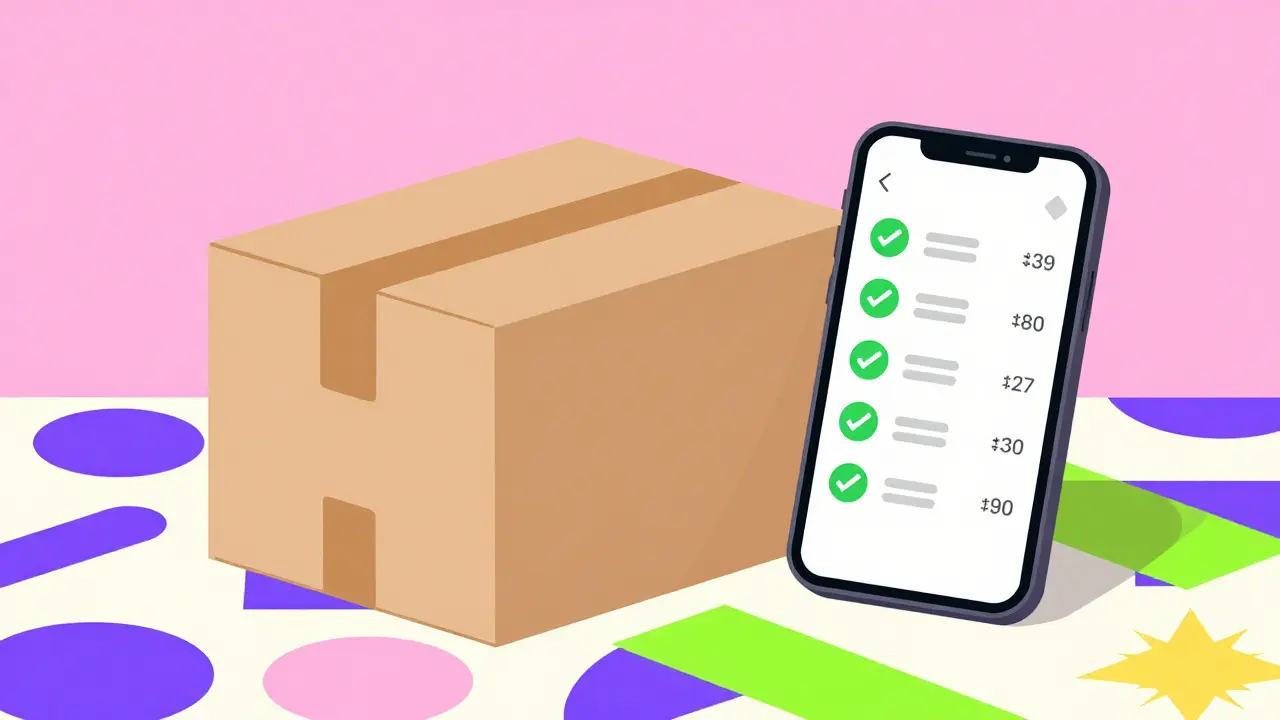 Delivered medicine package and phone with geometric icons in Memphis art