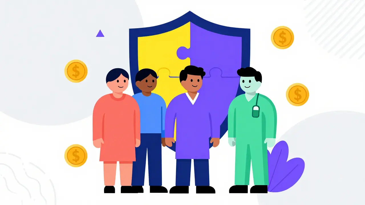 Geometric figures and shield icon illustrating patient access and cost savings from biosimilars.