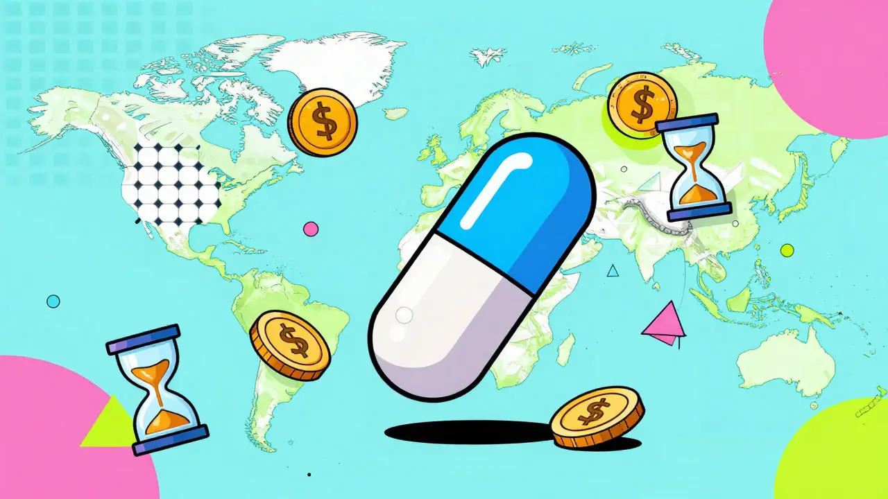 Geometric Memphis art depicting pharma market access delays and costs