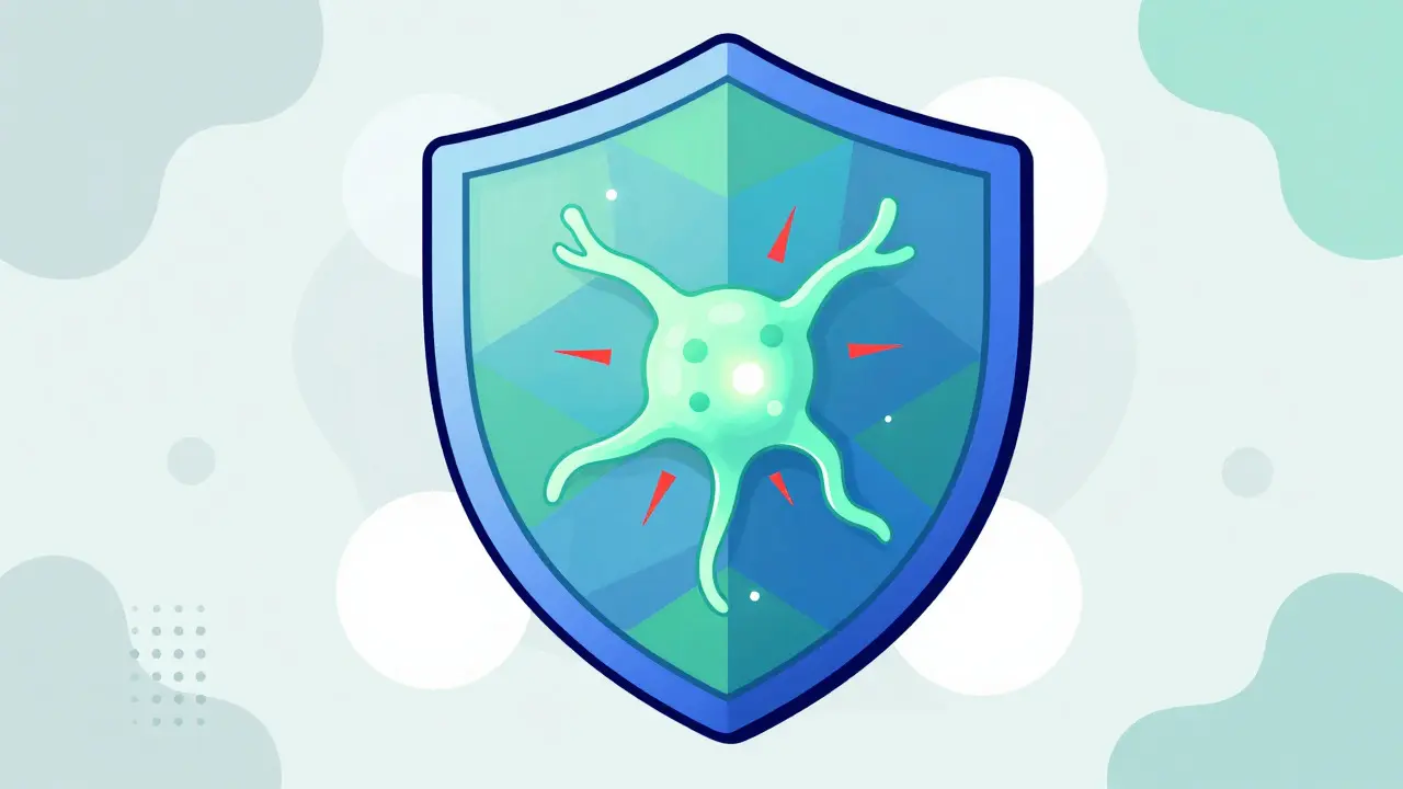 Geometric shield protecting a neuron from inflammation in vibrant cartoon illustration style.