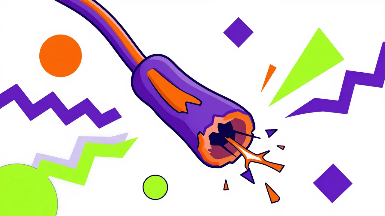 Illustration of damaged nerve fiber with peeling insulation in bold Memphis design colors.