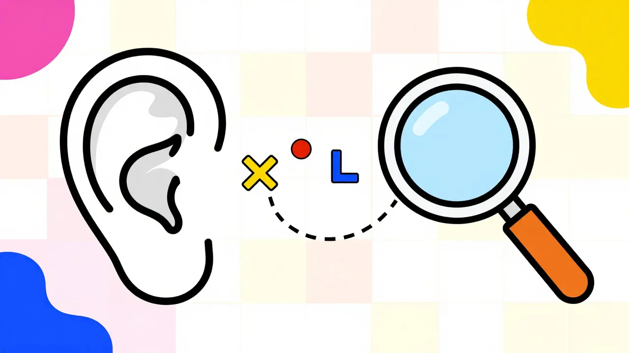 Memphis style graphics of an ear and magnifying glass for awareness