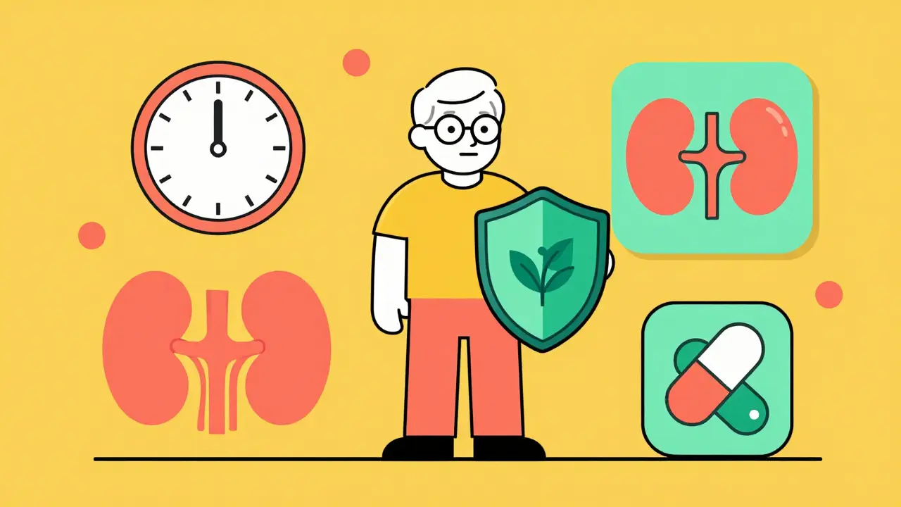 Older person with risk factor icons shielding against dangerous medication.