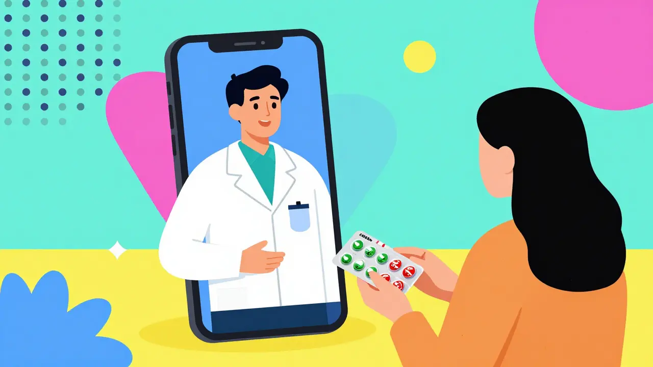 Pharmacist advising on expired meds via phone in vibrant Memphis art style.