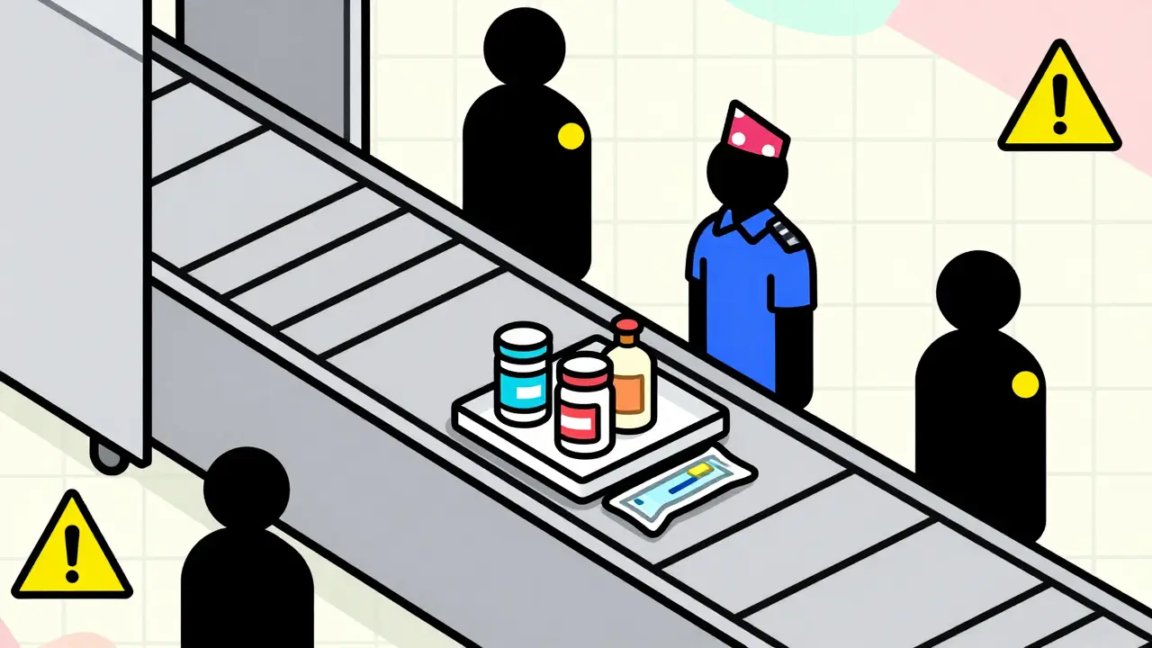 Stylized airport security check for travel medications