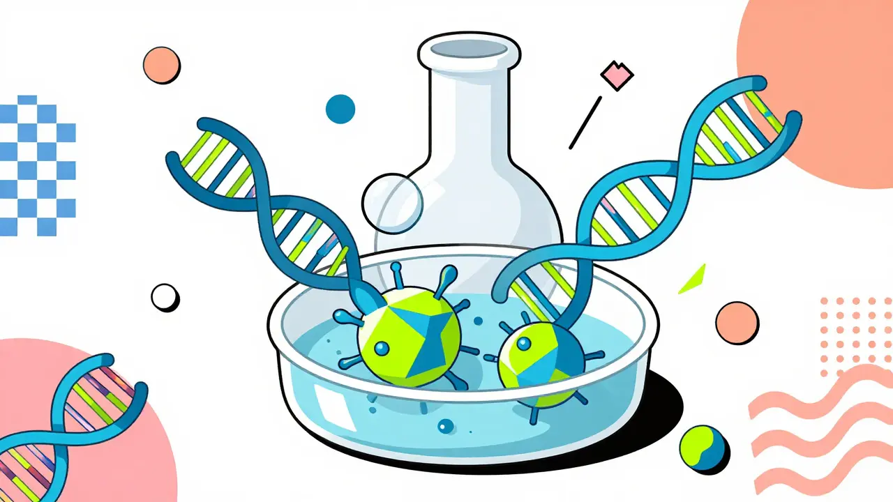 Stylized graphic of CAR-T cells being engineered in a lab setting