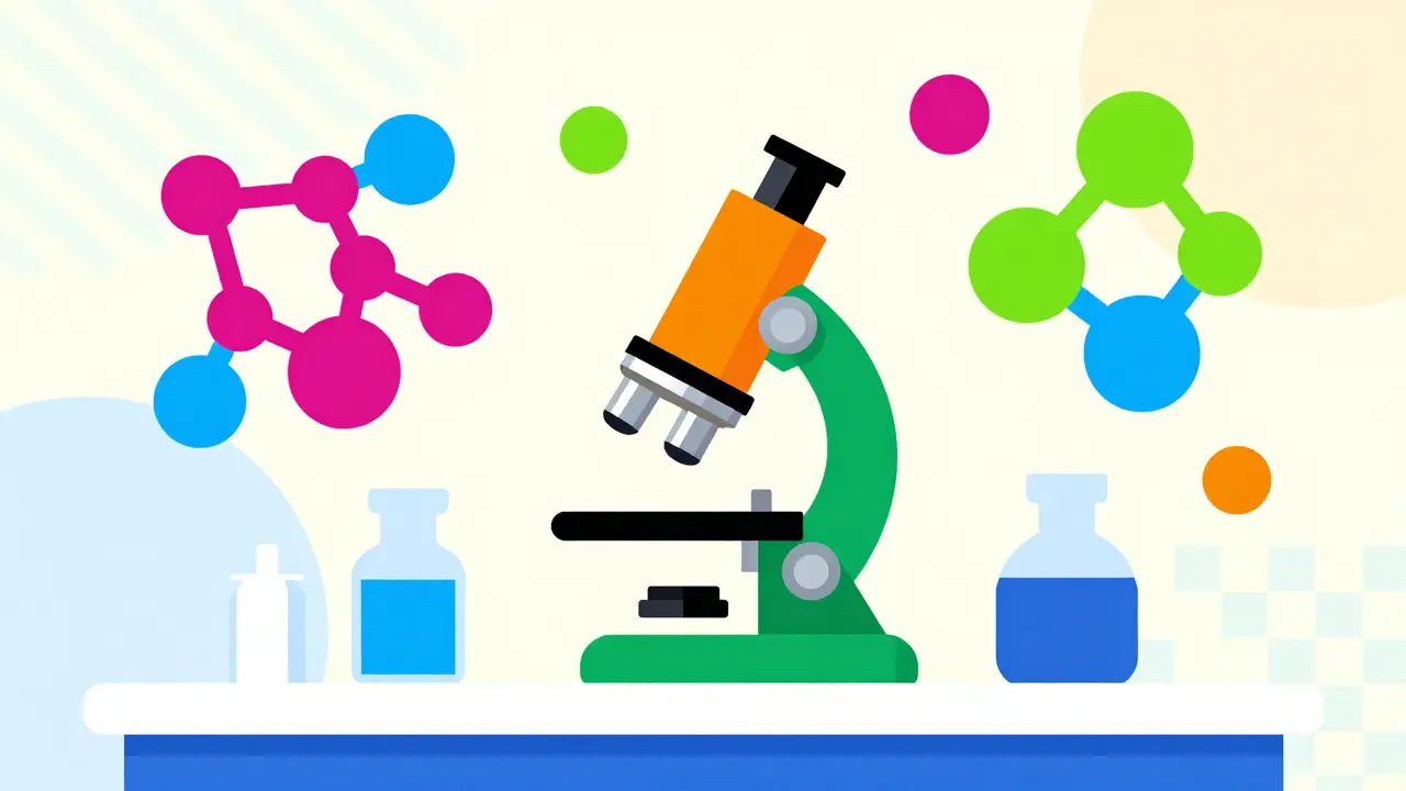 Stylized lab scene with microscope and colorful protein shapes representing biosimilar testing.