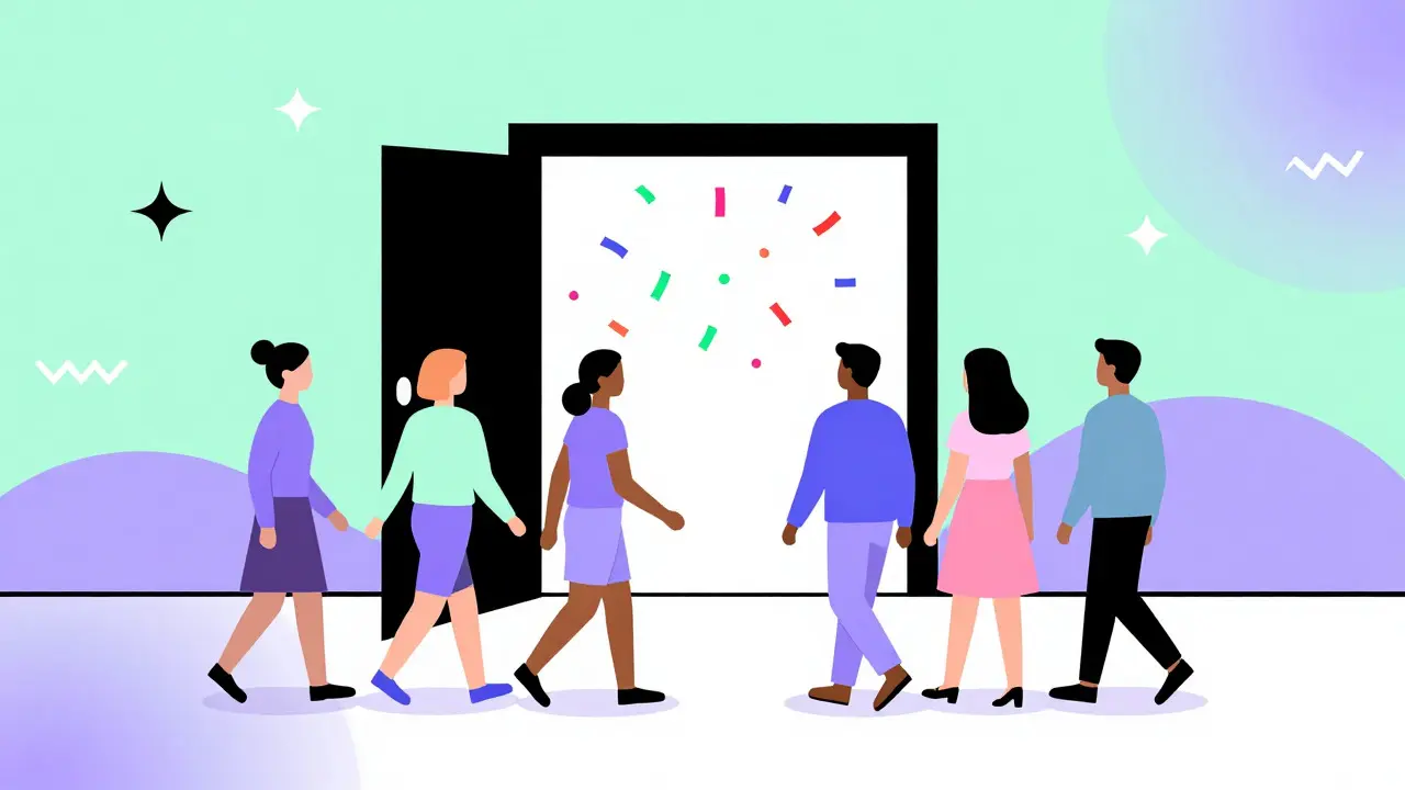 Stylized Memphis art of people walking through an open door, symbolizing improved medication access.