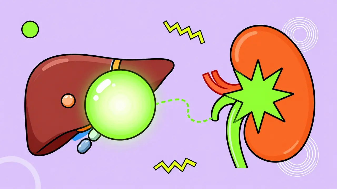 Abstract cartoon showing the conversion of Vitamin D from liver to kidneys