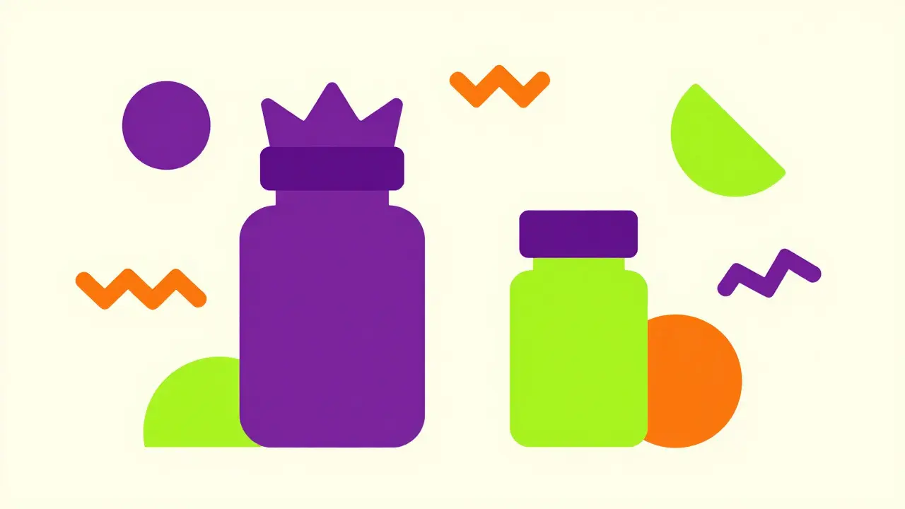 Abstract Memphis art comparing a decorative brand pill bottle with a simple generic one