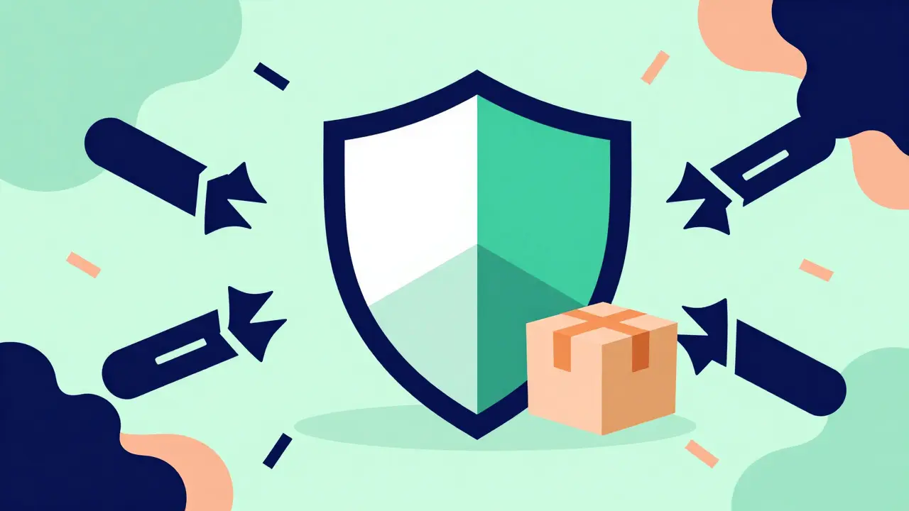 Abstract shield protecting a package from warning signs in a vibrant geometric style