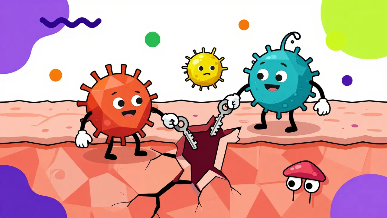 Cartoon bacteria invading cracked skin in a Memphis design style