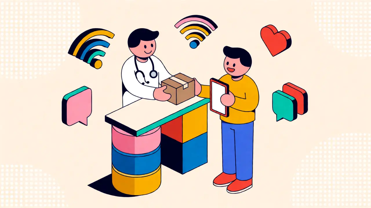 Cartoon doctor delivering medication via telehealth service in Memphis design style