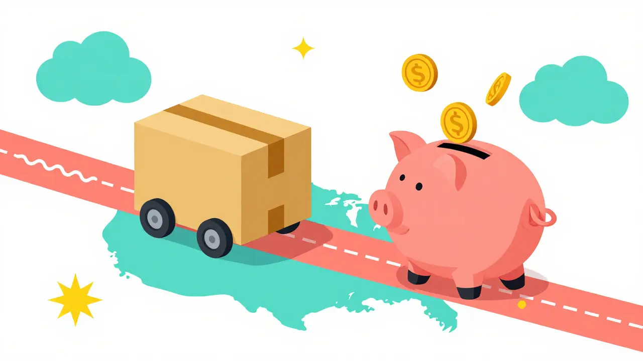 Cartoon package traveling across a map towards a piggy bank, symbolizing savings from Canadian pharmacies