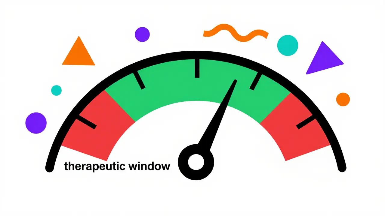 Colorful Memphis design gauge showing the safe range for medication levels.
