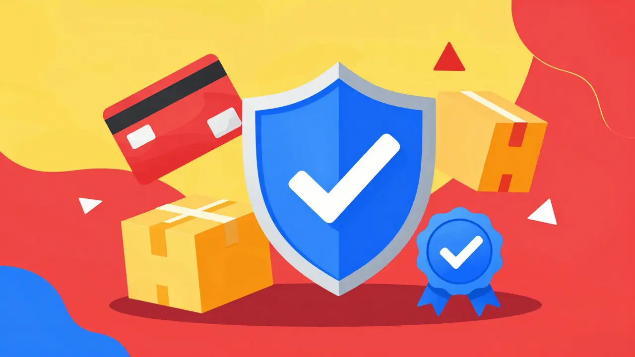 Colorful Memphis design icon set for safe online pharmacy shopping