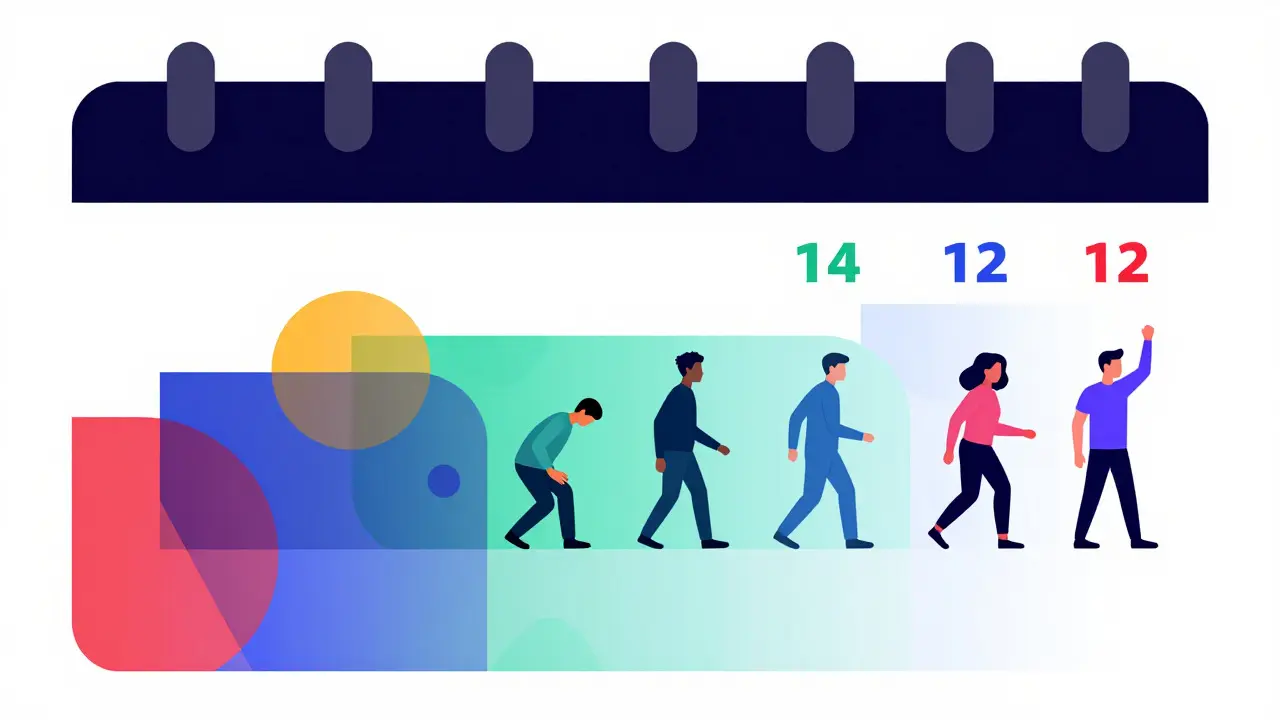 Colorful Memphis design illustration depicting patient recovery timeline with geometric shapes and abstract figures.