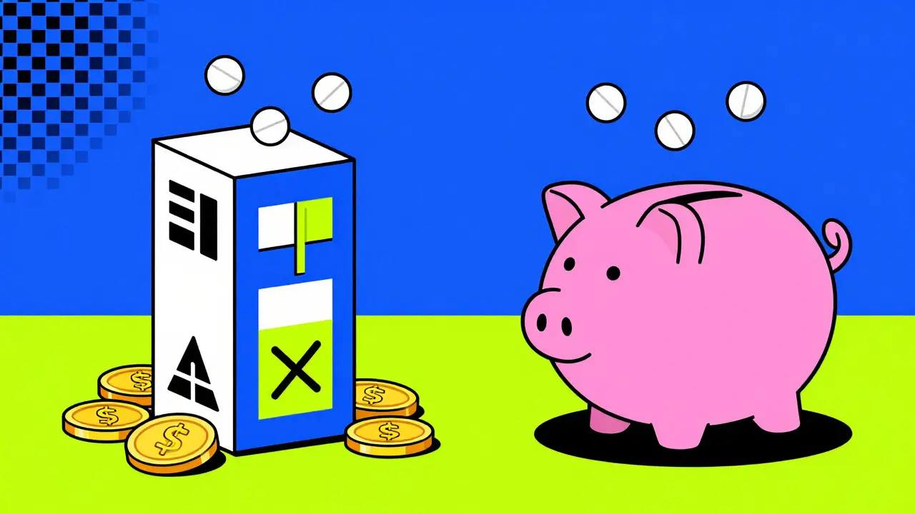 Comparison of brand vs generic medicine boxes with savings icons in Memphis design style.