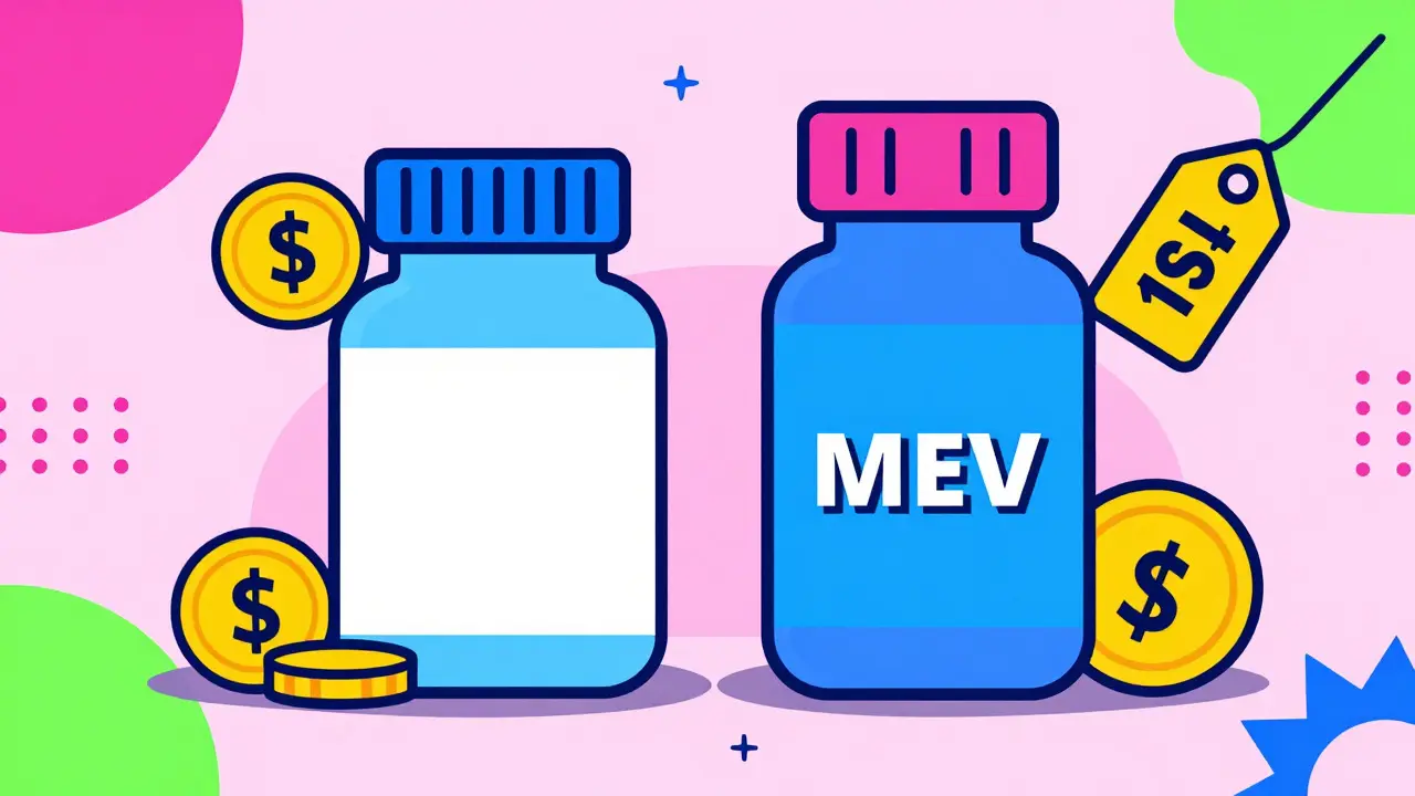 Graphic comparison of two medicine bottles highlighting price differences with colorful patterns