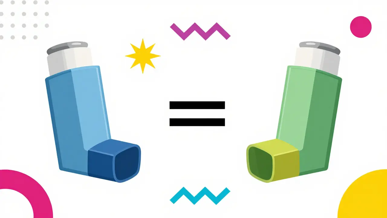 Graphic illustration comparing brand and generic inhalers using geometric shapes