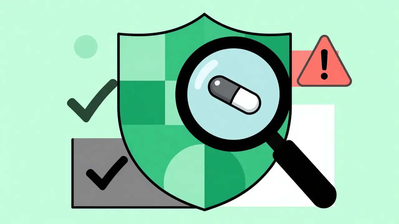Graphic illustration of a shield and magnifying glass for pharmacy safety