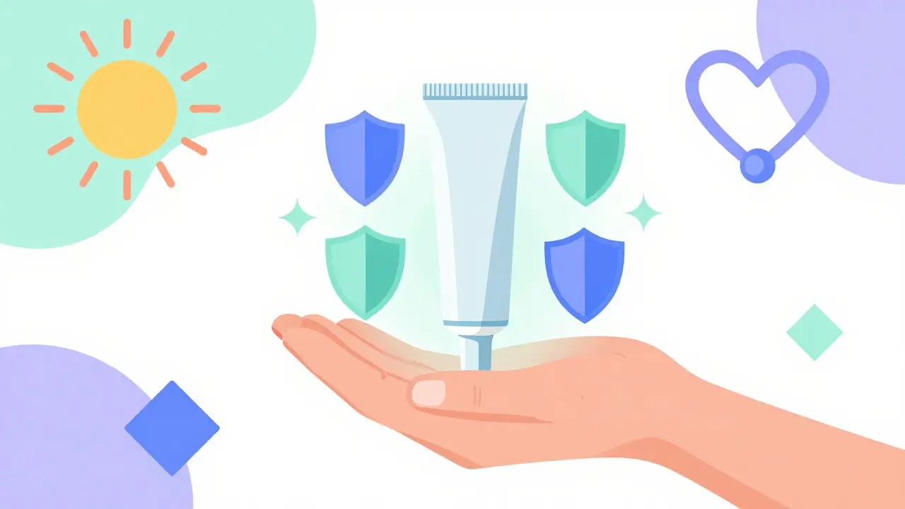 Hand accepting safe cream alternative with geometric shield icons
