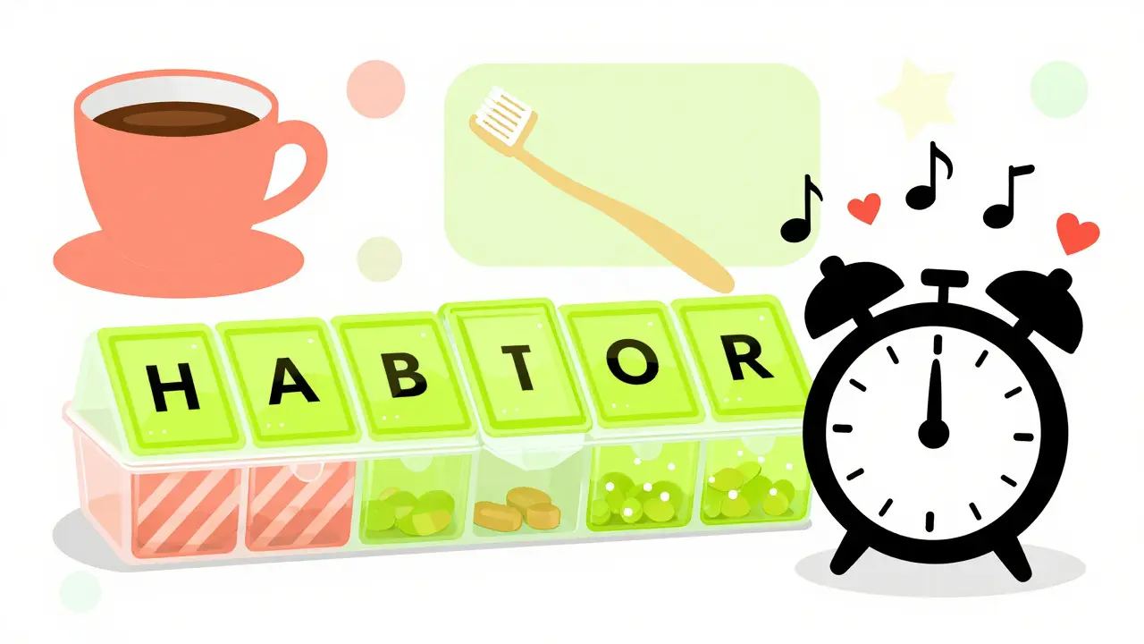 Illustration of a pill organizer and alarm clock in retro geometric style.