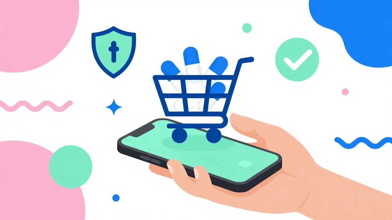 Memphis style graphic of a hand using a phone to order pills with security shield icons