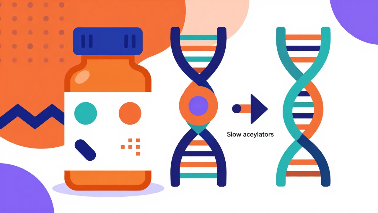Memphis style graphic showing medication bottles and DNA helix representing drug-induced lupus risk factors.