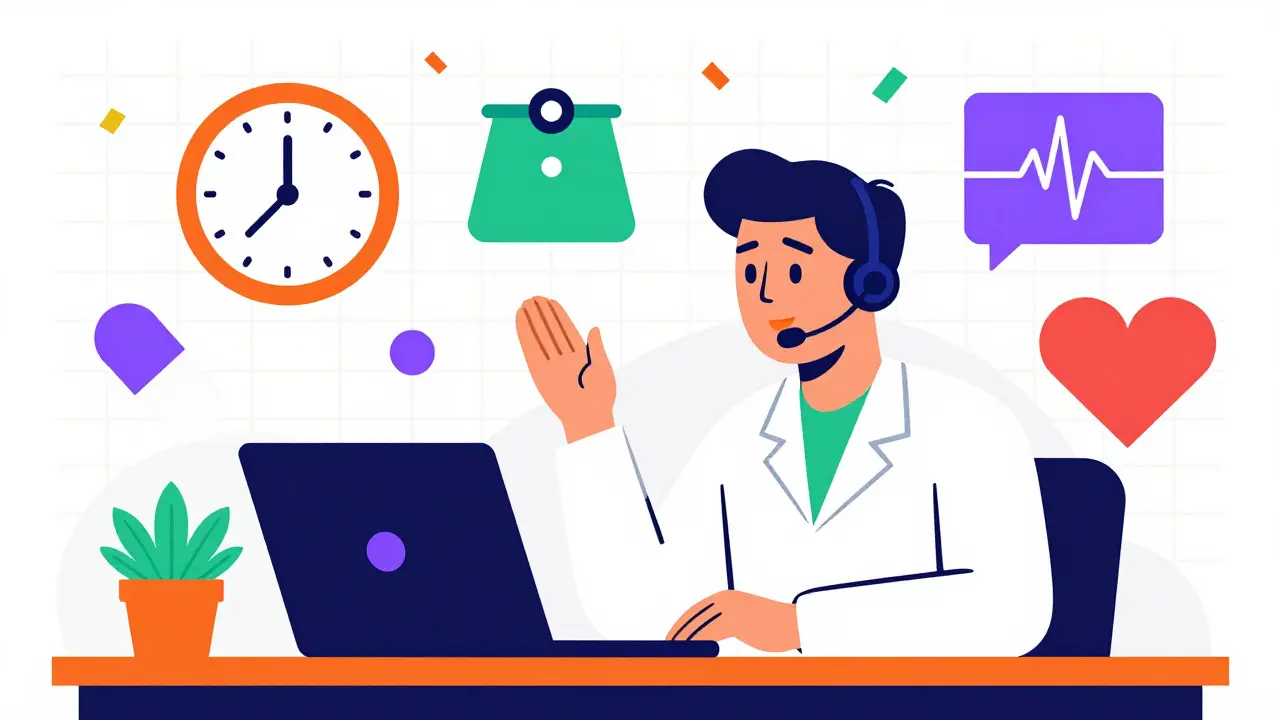 Specialist analyzing medication data with abstract health icons