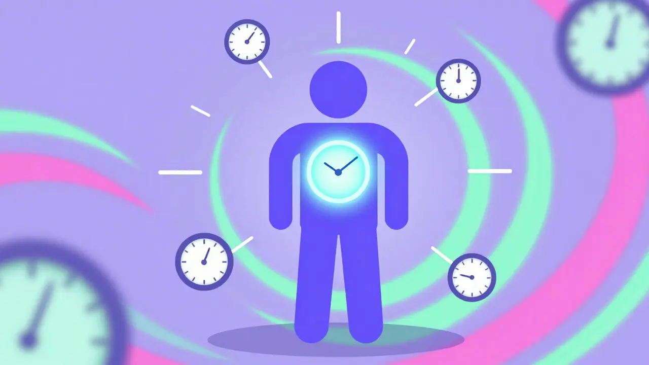 Stylized human figure with a glowing core surrounded by abstract clocks and swirling Memphis patterns