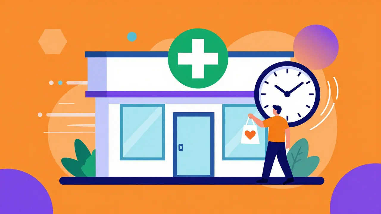 Stylized pharmacy storefront with a spinning clock, representing fast local pickup options