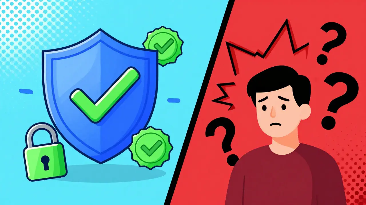 Symbolic representation of safe online pharmacy shopping with shields and warning signs.