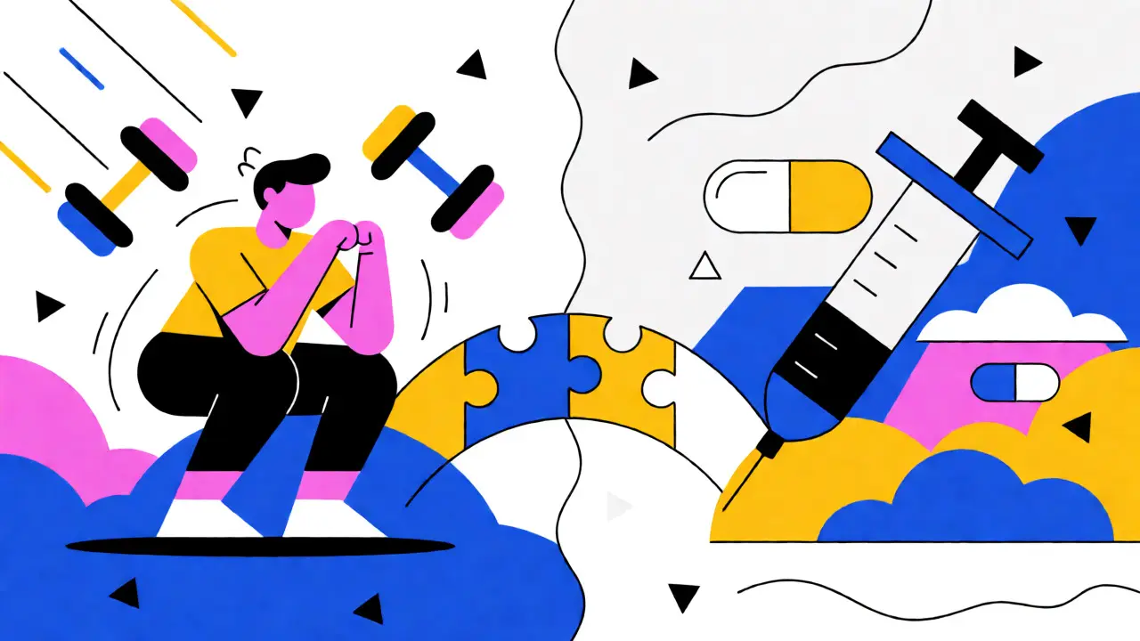 Split screen showing exercise and medication working together