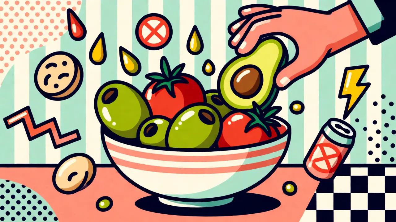 Stylized Mediterranean food bowl with geometric diet icons